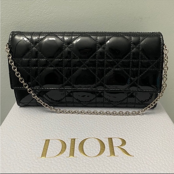 Christian Dior Lady Dior Short Chain Wallet Cannage Quilt Patent - Picture 1 of 16